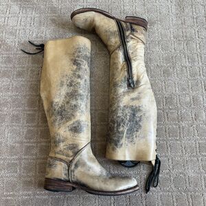 Bed Stu Manchester Distressed Tall Leather Boots Women's 7.5 Brown Cream Lace Up